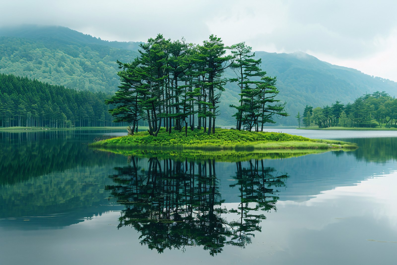 Island of pine trees reflected in a still mountain lake, clean water